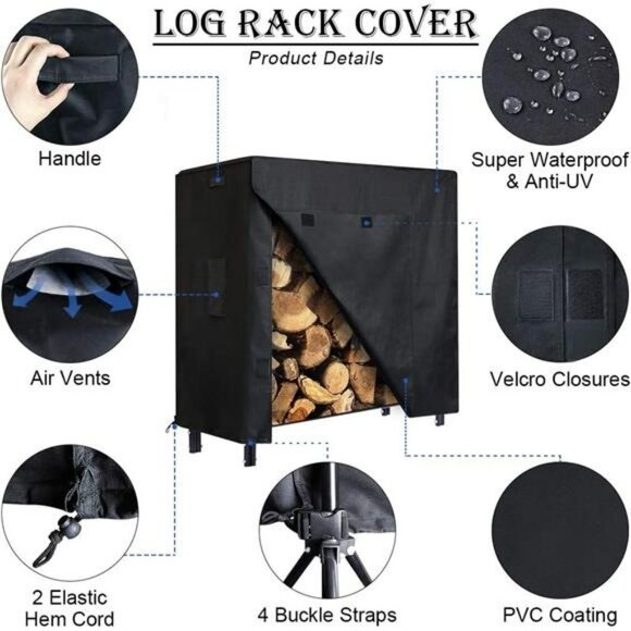 Firewood Log Rack Cover, 4 Feet 600D Oxford Heavy Duty , 48" x 24" x 42"  Black - Picture 3 of 7